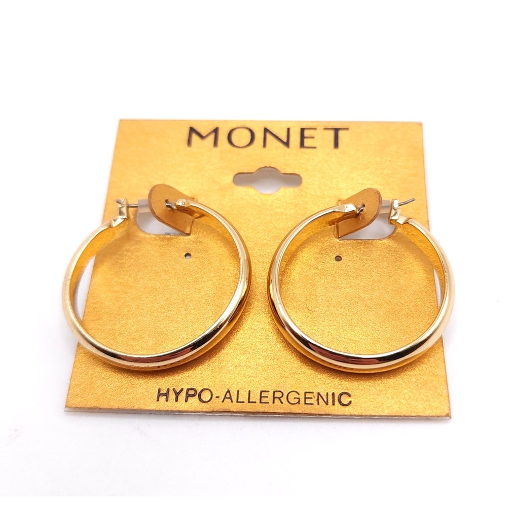 Monet Gold Tone Wide Hoop Earrings Triple Gold Plated Hypoallergenic NWT 1.25"